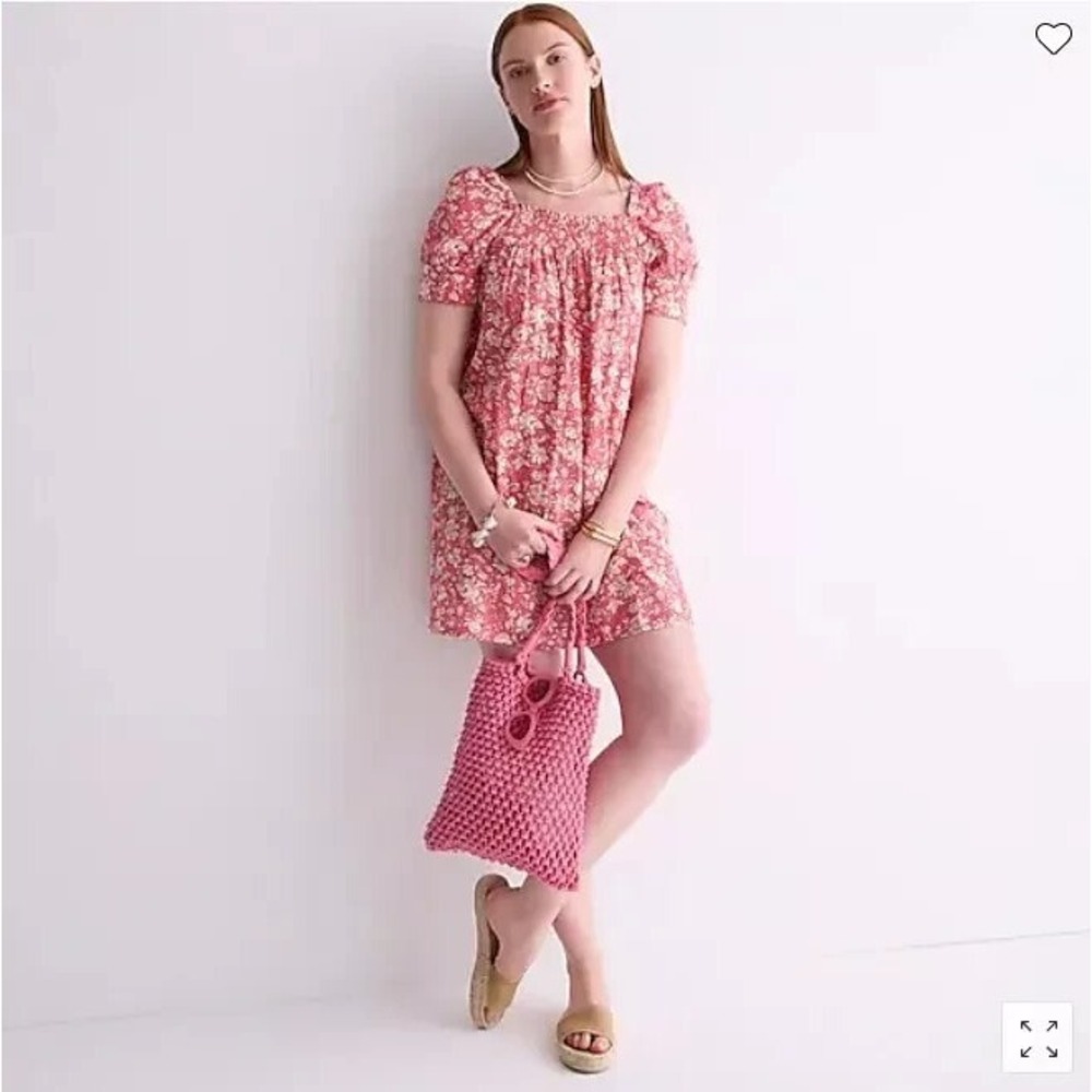 NWT J. Crew Puff Sleeve Square Neck Floral Smocked Shift Dress XXS 0 2 Pink